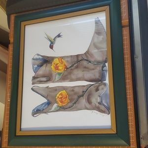 Framed Watercolor Print Cowgirl Boots & Hummingbird Jane Jurack